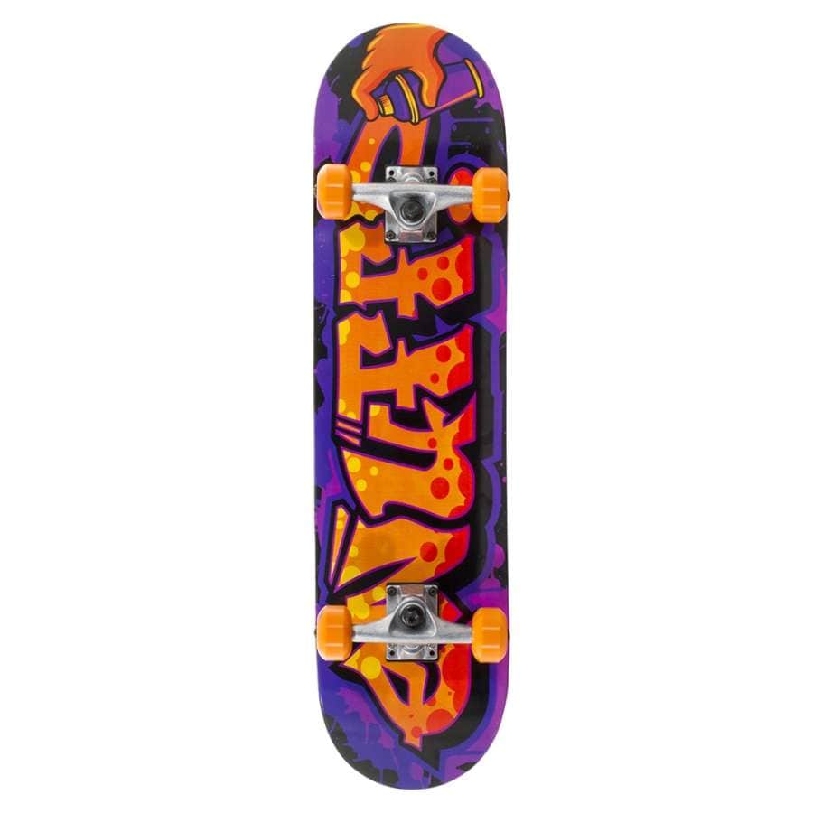 The Enuff Graffiti II Orange / Purple Mini Complete Skateboard, measuring 7.25" x 29.5", is an excellent choice for beginners. It features a vibrant graffiti-style design in purple and orange on its sturdy 7-ply Maple deck. Equipped with orange wheels and silver trucks, this skateboard seamlessly blends eye-catching artwork with dependable performance for those new to skating.