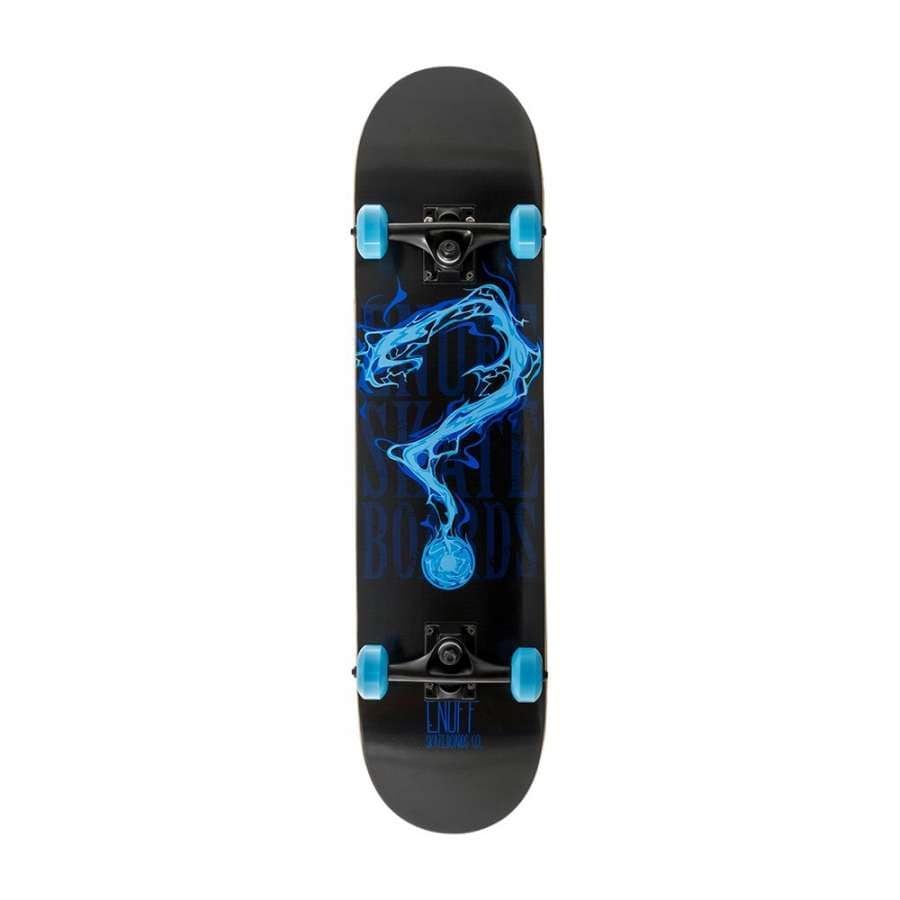The Enuff Pyro II Black / Blue Complete Skateboard - 7.75" x 31.5" showcases a distinctive fiery question mark design on its deck in blue. It comes equipped with beginner-friendly blue wheels and robust black trucks, complemented by subtle black text and logos in the background, making it ideal for new riders.