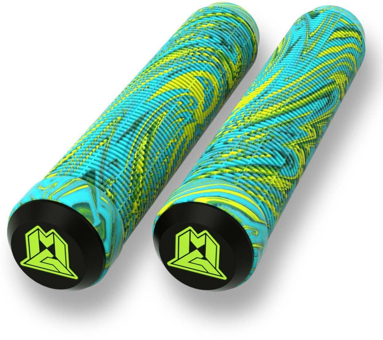 Two cylindrical foam rollers with a striking teal and lime swirl pattern. Each end showcases a black cap adorned with the neon green "M" logo of Madd Gear (MGP). Made from durable TPR compound, they feature a ribbed texture for enhanced grip or a massaging effect, similar to the design of MGP Swirls Grind Lime / Teal Stunt Scooter Grips.