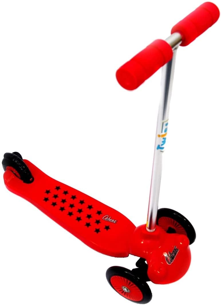 Introducing the Ozbozz Trail Twist V3 Kids Tri-Scooter in red, featuring a silver handlebar and three black wheels. Its tilt-to-steer design builds confidence in young riders. The red deck is adorned with black stars, and vibrant red handle grips add extra flair. Larger front wheels enhance stability for smooth adventures.