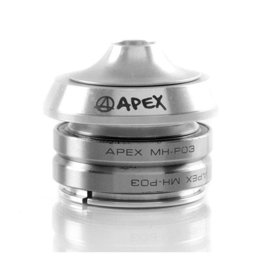 The Apex Integrated Stunt Scooter Headset in Raw Silver boasts a clean, metallic finish adorned with the distinct APEX logo in black. This sleek, modern design features stacked cylindrical components and a compression top cap for a secure fit.