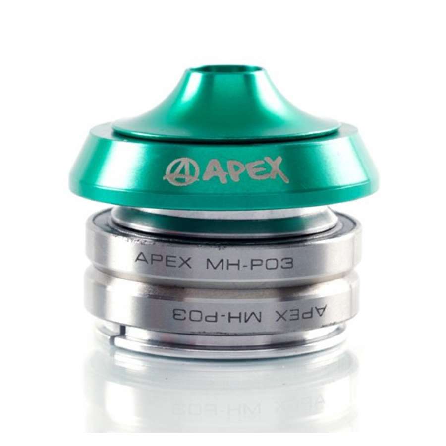 Close-up of a metal bicycle part with a green top piece labeled "Apex." The silver section beneath is engraved with "APEX MH-P03." Resembling the sleek design of an Apex Integrated Stunt Scooter Headset in green, the components reflect light to highlight their polished finish.