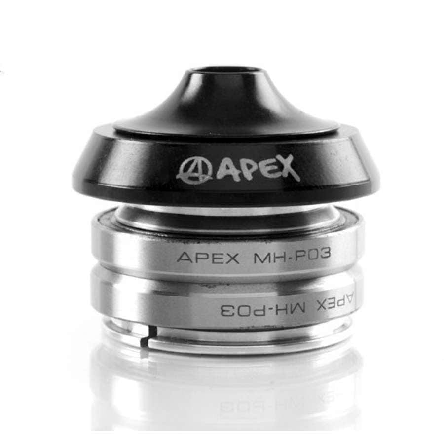 An Apex Integrated Stunt Scooter Headset in black and silver features engravings of "APEX" and "APEX MH-P03" on its metal sections. Its design includes a conical black top that resembles an Apex Volcano compression top cap, complemented by polished silver lower sections, all set against a white background.