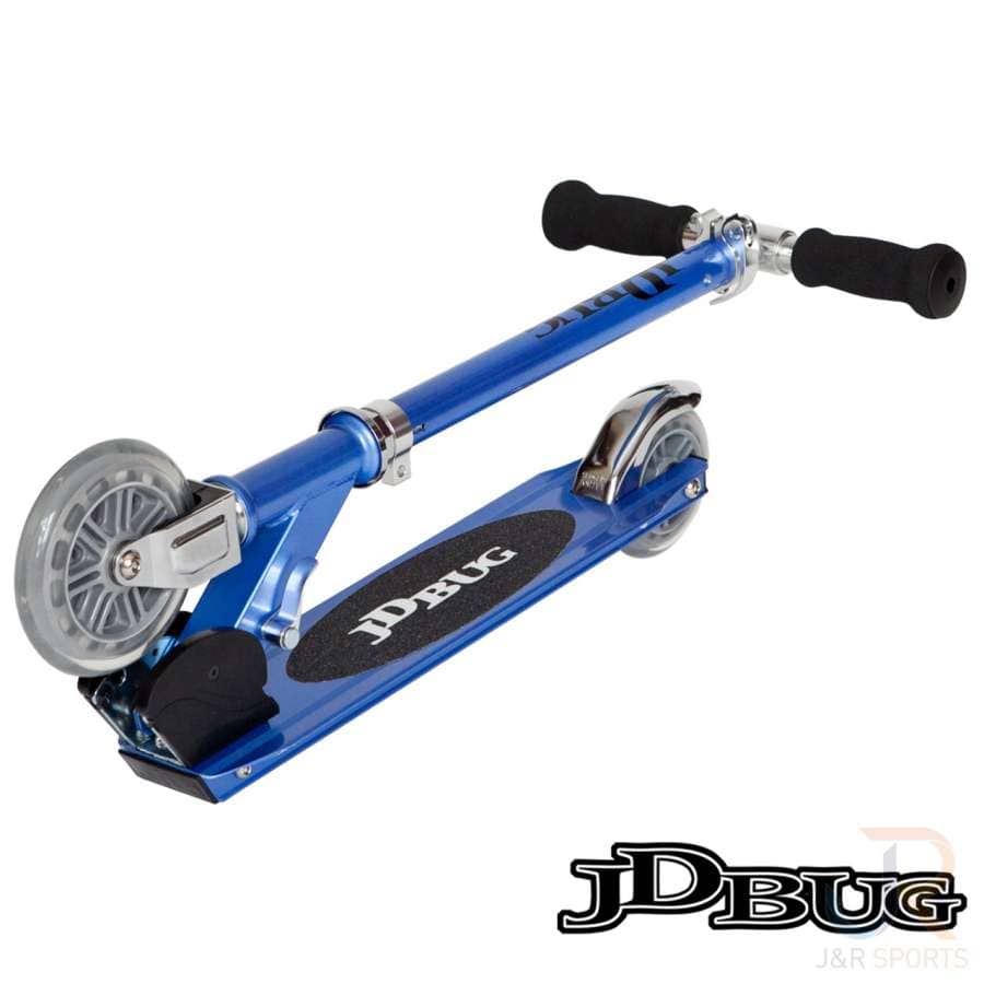 The JD Bug Junior Street MS100 Kids Foldable Kick Scooter in Reflex Blue boasts transparent wheels, black foam grips, a lightweight design, and the "JDbug" logo on its deck and bottom right corner, making it an ideal foldable scooter for kids.