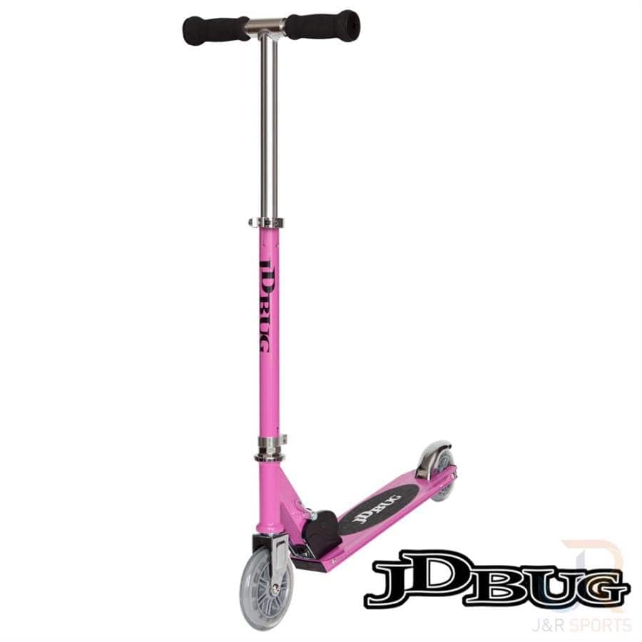The JD Bug Junior Street MS100 Kids Foldable Kick Scooter in pastel pink features black foam handles and silver handlebars. The footboard bears the JD Bug logo, and it's displayed on a white background with the JD Bug logo and "J&R Sports" text in the bottom right corner. Perfect for kids!.