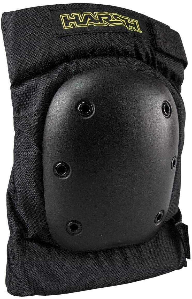 Introducing the Harsh Pro Park Knee Skate Protection Pads in Black, designed with a hard outer shell and multiple rivets. Featuring the Harsh logo at the top, these pads are crafted from durable fabric and come with adjustable straps to ensure a secure fit, providing exceptional durability for any activity.