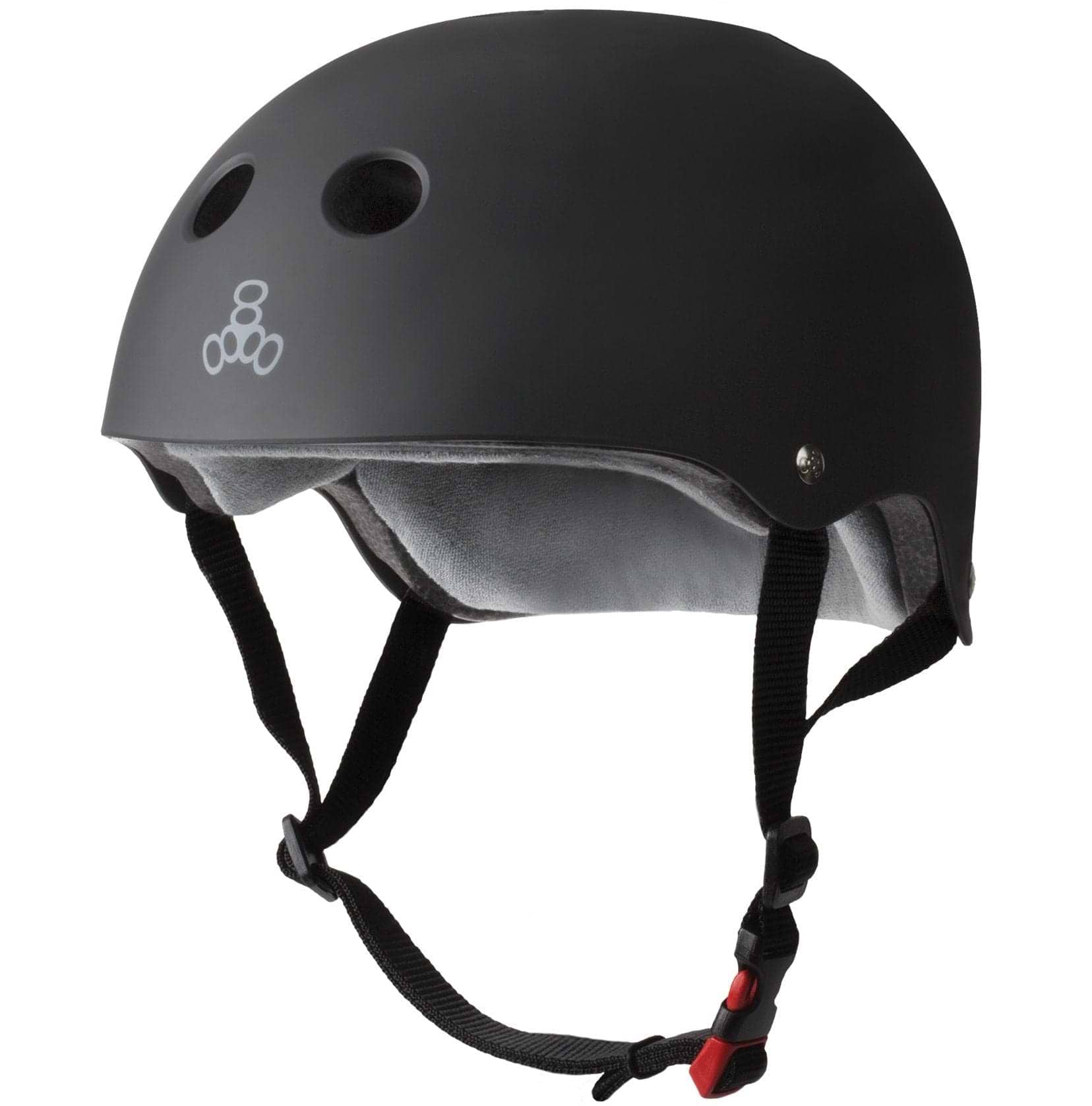 The Triple 8 Certified Sweatsaver Skate Helmet in black is ideal for extreme sports, featuring a sleek design with dual ventilation holes and a comfortable inner padding. It provides dual-certified protection and includes an adjustable chin strap with a quick-release buckle.