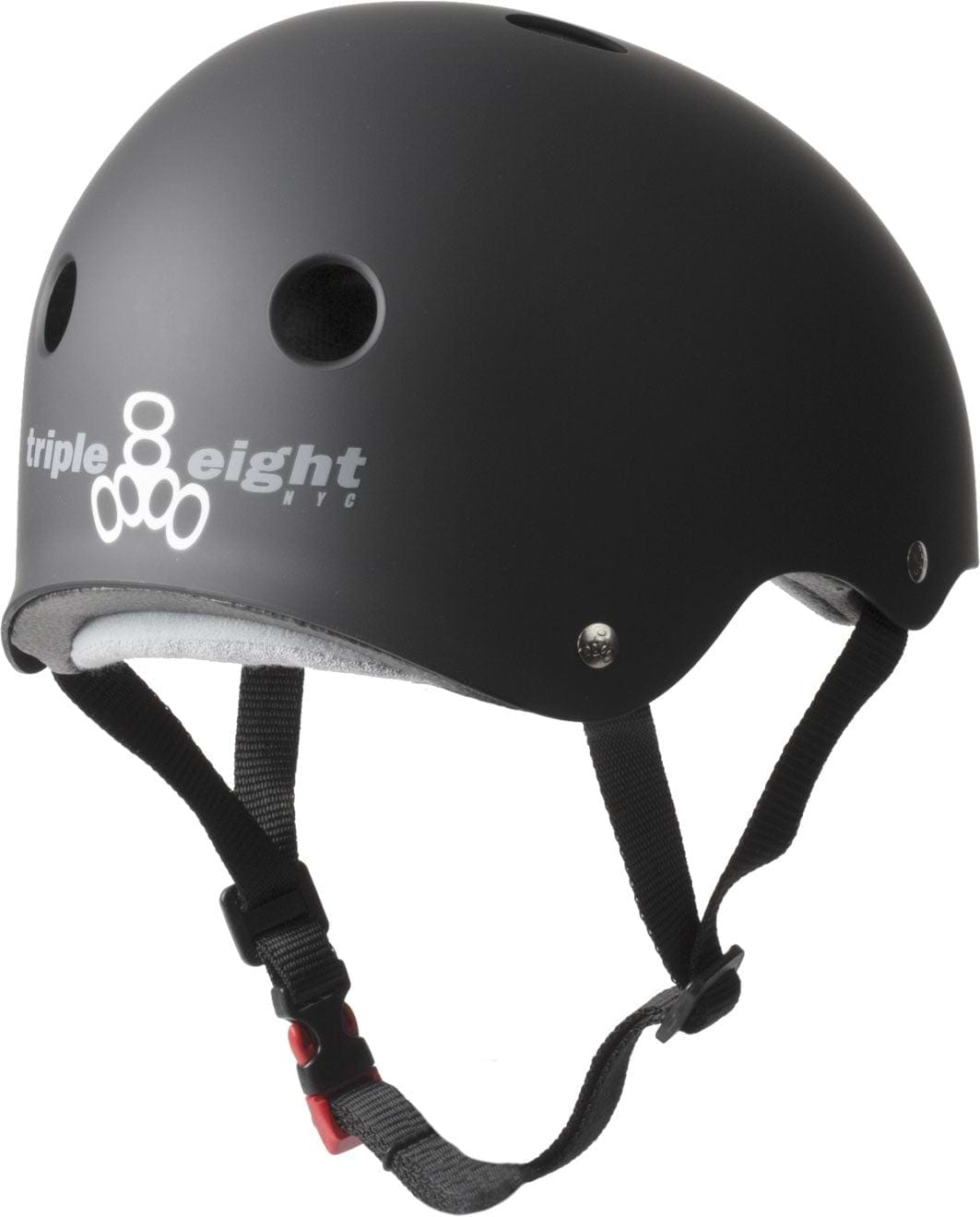 The Triple 8 Certified Sweatsaver Skate Helmet in black provides dual-certified protection. It includes air vents and an adjustable chin strap, making it ideal for extreme sports enthusiasts. The "triple eight NYC" logo is displayed on the side in crisp white.
