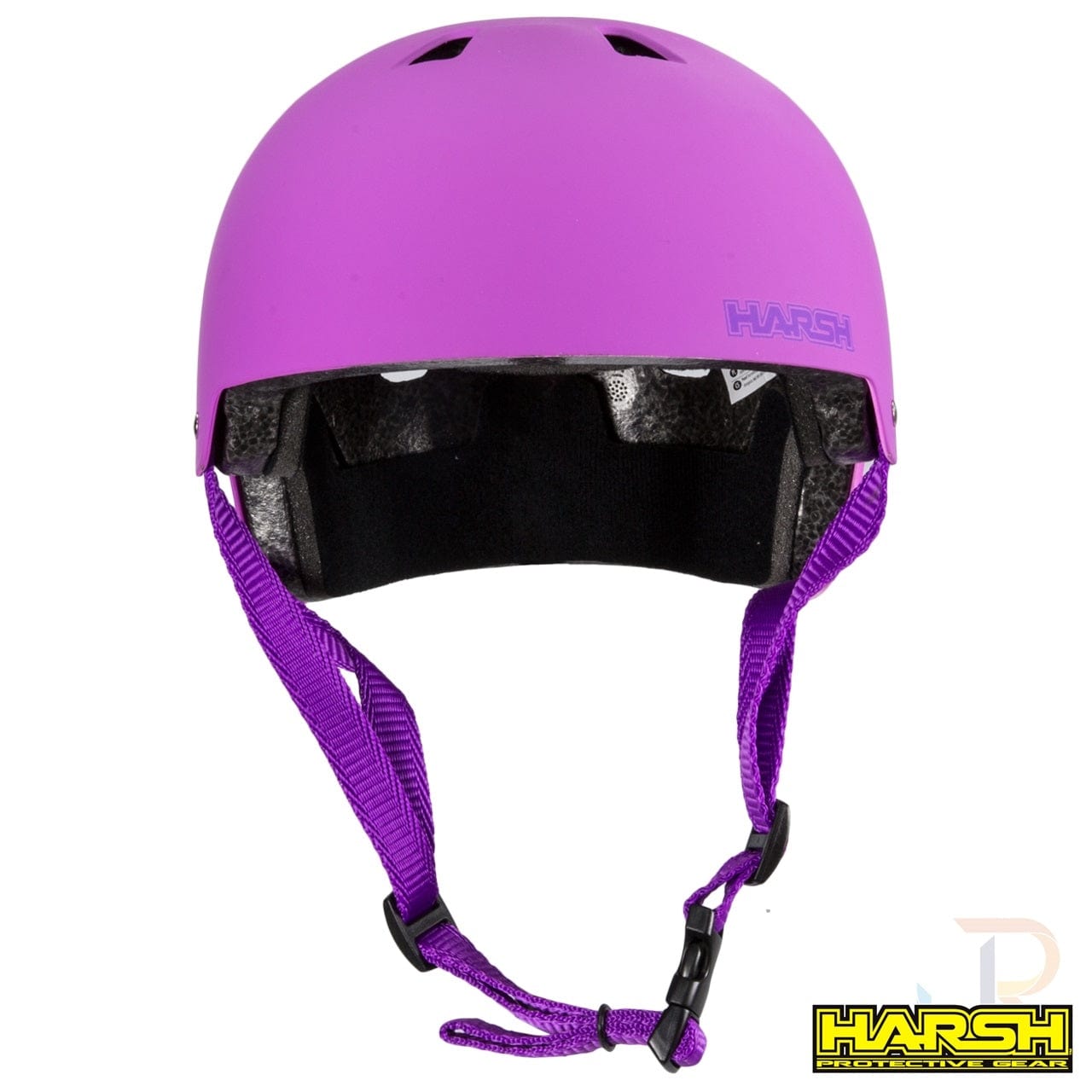 A vibrant pink Harsh protective skate helmet showcases an ABS shell and adjustable straps. Featuring a smooth finish, the interior is equipped with an EPS foam liner for exceptional comfort. The Harsh brand logo is prominently displayed on the side.