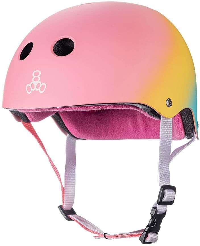 The Triple 8 Certified Sweatsaver Skate Helmet - Shaved Ice features an eye-catching pink and yellow gradient design, complete with ventilation holes and an adjustable chin strap. Inside, it offers comfortable pink padding along with high-impact absorbing EPS foam for dual-certified protection and exceptional comfort.