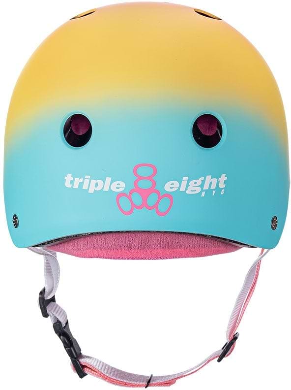 The Triple 8 Certified Sweatsaver Skate Helmet - Shaved Ice features a striking gradient design that transitions from yellow to teal, with "Triple Eight NYC" displayed in pink on the back. It provides dual-certified protection using high-impact absorbing EPS foam, includes two ventilation holes, and comes with an adjustable chin strap.