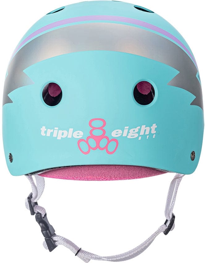 The Triple 8 Certified Sweatsaver Skate Helmet - Teal Hologram offers dual-certified protection and features a teal hologram shell with a pink interior along with a metallic stripe. It prominently showcases the "triple eight NYC" logo in white and pink. Designed for both style and safety, this helmet includes two vent holes and adjustable chin straps with a buckle.