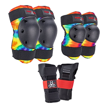 The Triple 8 Saver Series 3-Piece Skate Protection Pad Set in Tie Dye by Triple 8 includes vibrant knee and elbow pads paired with black Wristsavers featuring red straps. Equipped with EVA foam cushioning, it offers both safety and style for skaters and athletes.
