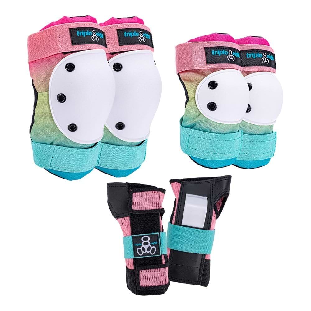 Introducing the Triple 8 Saver Series 3-Piece Skate Protection Pad Set - Shaved Ice by Triple 8, featuring a vibrant and protective gear set that includes knee and elbow pads as well as wrist guards. The pads highlight a pink, yellow, and teal gradient design with white protective caps accented in black. The wrist guards are enhanced with chic black and teal straps.