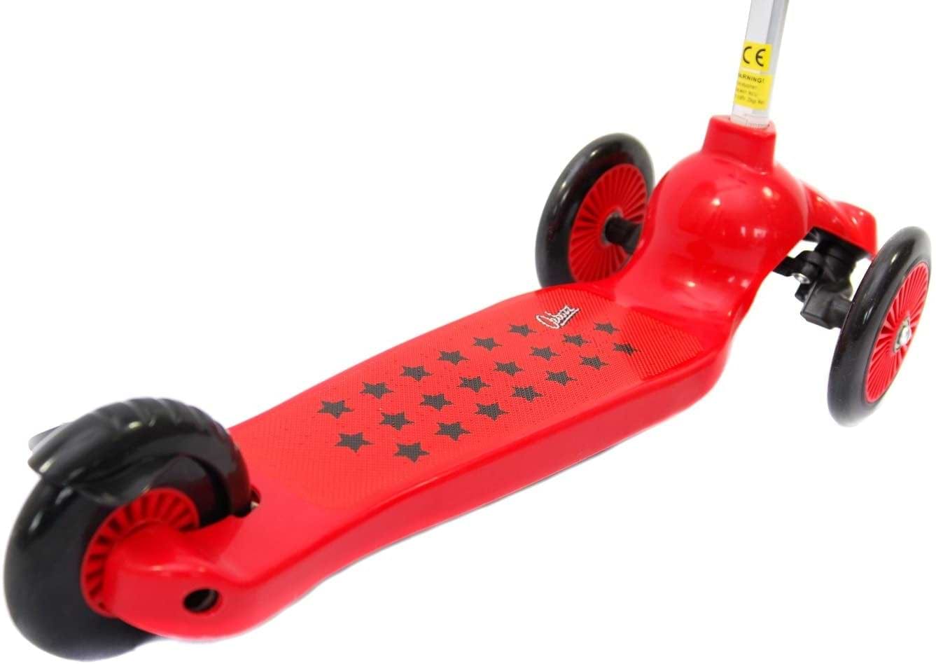 The Ozbozz Trail Twist V3 Kids Tri-Scooter in red is a three-wheeled ride with a sleek tilt-to-steer design, featuring black wheels and a deck decorated with striking black star patterns. Its handlebars are not visible, highlighting its bold silhouette.