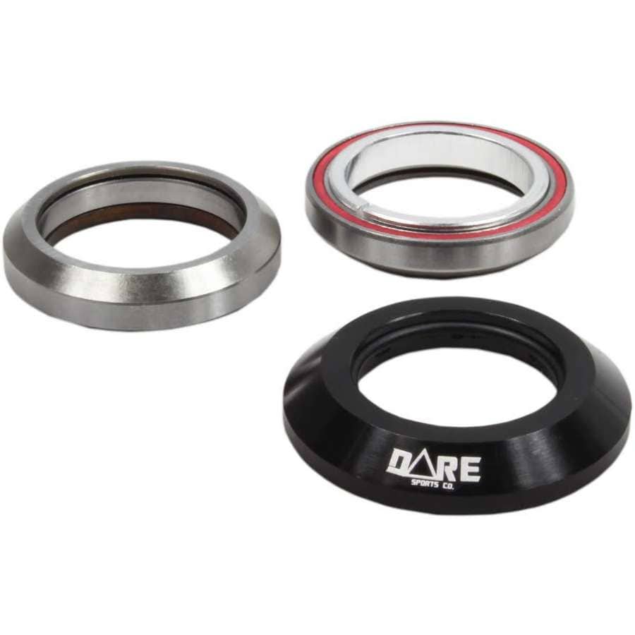 Three metal headset bearings for bicycles are displayed, featuring aluminium alloy construction. One is silver with a visible inside ring, another sports red detailing, and the third is the Dare Fighter Integrated Stunt Scooter Headset in black with a white "DARE SPORTS CO." logo. All boast integrated headset designs and sealed bearings for durability.