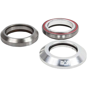 The Dare Fighter Integrated Stunt Scooter Headset from Dare is set up in a triangular shape with three metallic bearings. The top two are different colors, one showcasing a red seal, while the bottom bearing is a shiny silver that has "DAB" inscribed on it.