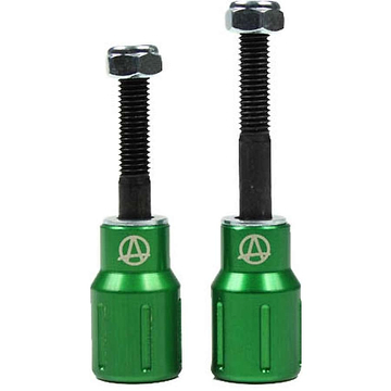 The Apex Barnaynay Aluminium Stunt Scooter Pegs in green are two sleek metal tools, each with a threaded black screw on top. One is taller than the other, both showcasing the Apex logo, which resembles a stylized "A," on their bodies. These robust pegs are ideal for enhancing your trick scooter's performance and style.