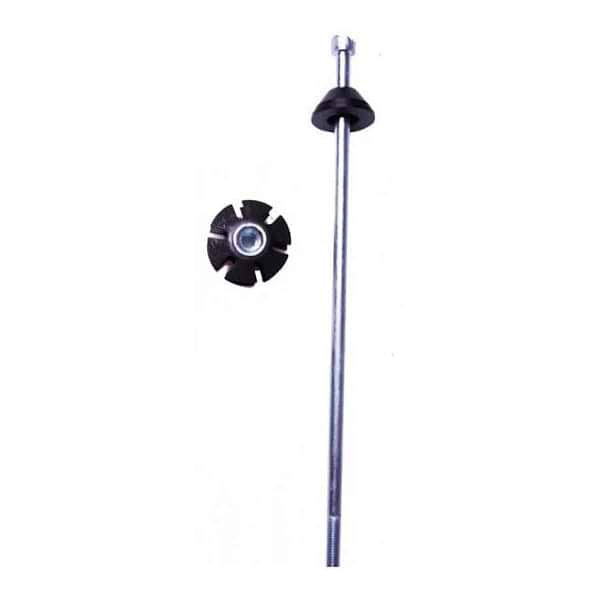 Beside a round, black gear-like object from the Dare ICS Scooter Compression Kit sits a long metal axle with a threaded end and bolted top. This gear, which features multiple teeth and a central hole, is positioned to the left of the standard forks against a white background.