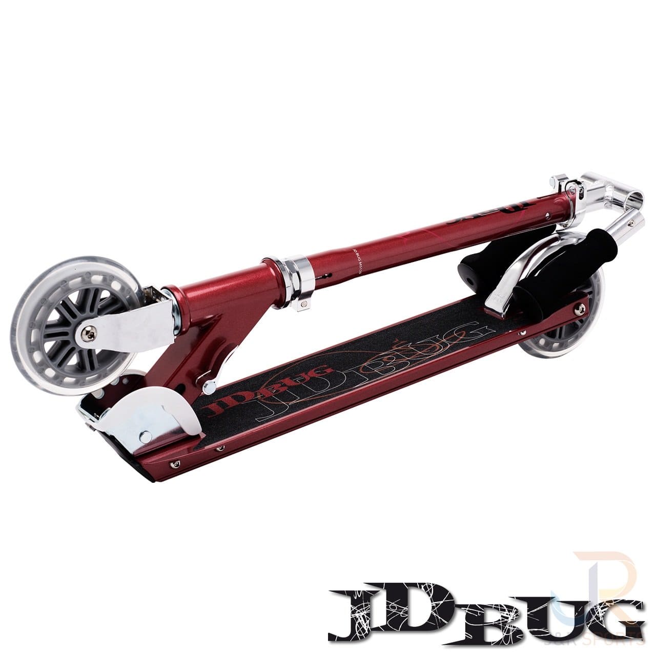 The JD Bug Classic Street 120 Kids Foldable Kick Scooter in Red Glow Pearl features a lightweight, foldable design with silver wheels and black grip tape. The brand name is displayed prominently on the deck, making it compact and easy to transport.