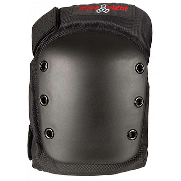 The Triple 8 Street Knee Skate Protection Pads in black feature a reinforced hard shell with multiple rivets, an adjustable strap, and an advanced butterfly closing system for a secure fit. Enhanced with EVA foam for superior knee protection, they proudly display the "Triple 8" brand name on top.