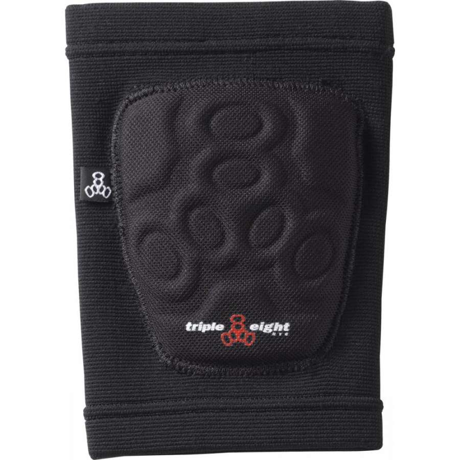 Black knee pad featuring a padded surface with an embossed circular pattern and a small "Triple 8" logo in white and red on the lower section. Enhanced with EVA foam, it provides excellent support, similar to the slim protection offered by the Triple 8 Covert Elbow Skate Protection Pads - Black.
