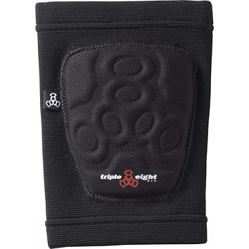 Black knee pad featuring a padded surface with an embossed circular pattern and a small "Triple 8" logo in white and red on the lower section. Enhanced with EVA foam, it provides excellent support, similar to the slim protection offered by the Triple 8 Covert Elbow Skate Protection Pads - Black.