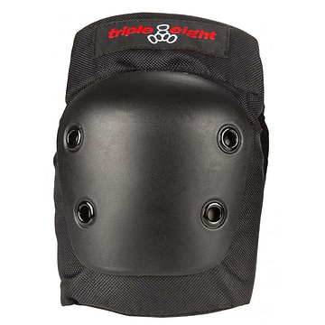 A black knee pad featuring impact-resistant polyethylene caps, reinforced with four rivets. The EVA foam fabric backing provides padded comfort, and the "Triple 8" brand logo is embroidered in red at the top, similar to their Triple 8 Street Elbow Skate Protection Pads - Black.