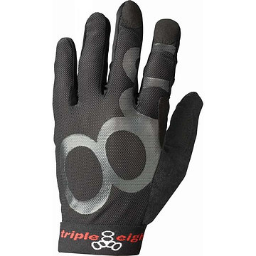 The Triple 8 ExoSkin Skate Protection Gloves - Black, from the brand Triple 8, display a sleek black design with gray circular accents on the back and the words "triple eight" in red on the wrist strap. These gloves feature a reinforced palm for improved grip and are depicted with their palms facing down.