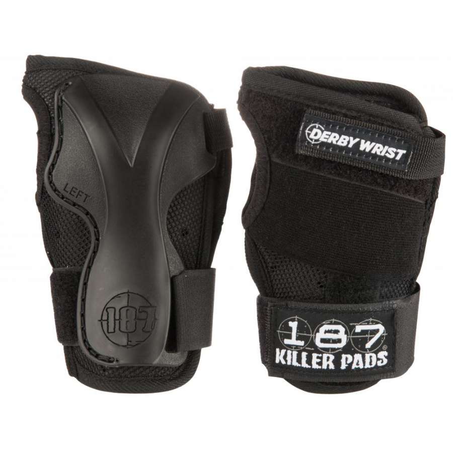 A pair of 187 Killer Derby Wrist Guards - Black, featuring the 187 brand logo on the right pad and a protective plastic shell on the left. Designed for skating or extreme sports, these wrist guards offer a padded interior for enhanced protection.