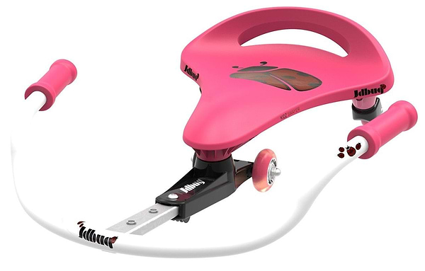 The JD Bug Kids Swayer - Pink / White by JD Bug is a pink, triangular device designed like a wheelbarrow with black details and a butterfly pattern. It features swing action wheels and includes two white curved handles with pink grips. The small black frame supports a single pink wheel, making it suitable for both indoor and outdoor use.