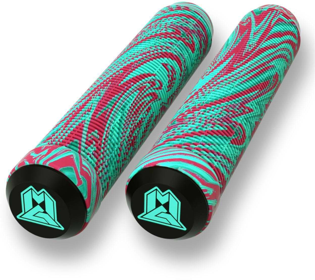 Introducing the Madd Gear MGP Swirls Grind Grips, designed for pro riders. These vibrant teal and red stunt scooter grips feature a striking swirl pattern and are crafted with a non-slip TPR compound texture. They measure 180mm in length and are finished with black caps adorned with a stylized turquoise "M" logo, providing both style and function.