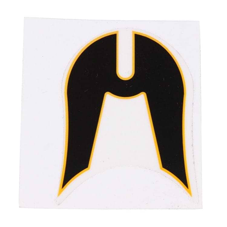 The Ethic DTC Logo Sticker showcases a stylized black helmet with a central vertical opening, outlined in yellow, on a white background—ideal for any Ethic fan.