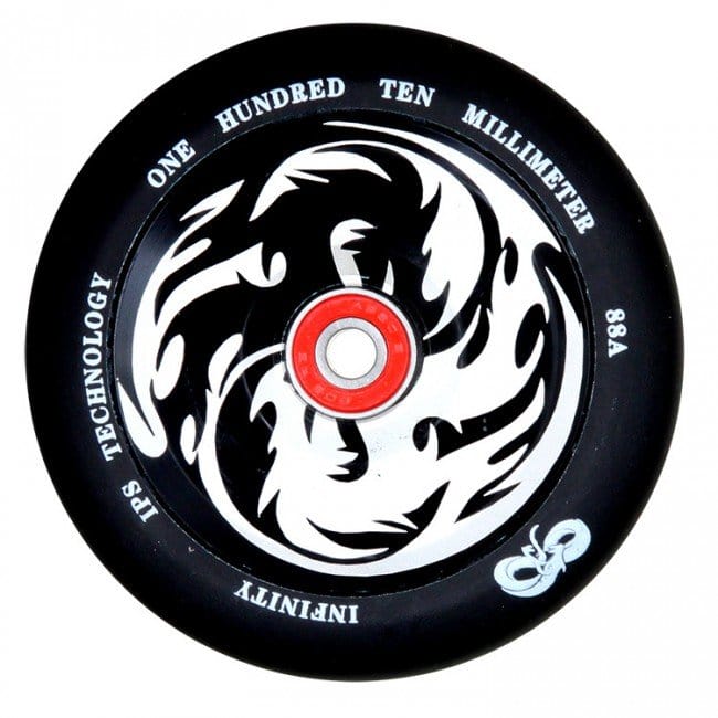 The Infinity Yin/Yang 110mm Stunt Scooter Wheel in black and white features a bold tribal design with a semi-hollowcore structure. The edge displays "One Hundred Ten Millimeter" along with "Infinity 88A IPS Technology," and it is equipped with precision ABEC 9 bearings for smooth rides.