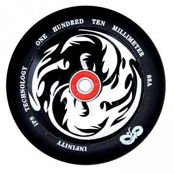 The Infinity Yin/Yang 110mm Stunt Scooter Wheel in black and white features a bold tribal design with a semi-hollowcore structure. The edge displays "One Hundred Ten Millimeter" along with "Infinity 88A IPS Technology," and it is equipped with precision ABEC 9 bearings for smooth rides.