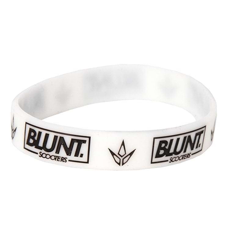 The Blunt Envy Stunt Scooter Wristband in white is a sleek silicone accessory adorned with the "BLUNT SCOOTERS" text and the Blunt Envy logo printed in black repeatedly around the band—a must-have for enthusiasts.