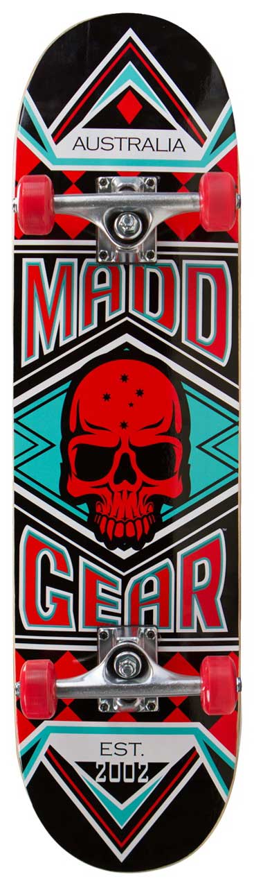 The Madd Gear MGP Pro Series Jest Complete Skateboard, featuring an eye-catching red skull design and geometric pattern with teal and red accents, boasts an 8" x 31" deck. It includes red wheels and is embellished with "Australia" and "Est. 2002," making it ideal for skatepark adventures or mastering beginner tricks.