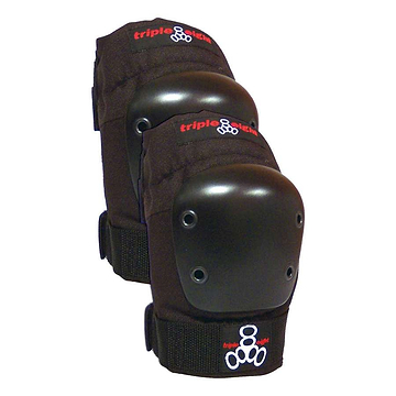 Introducing the Triple 8 EP 55 Elbow Skate Protection Pads in black, featuring protective impact-resistant caps and adjustable straps for a secure fit. The recognizable "Triple 8" logo is prominently displayed on the fabric. Designed for activities like skating or biking, these pads provide excellent protection and comfort.