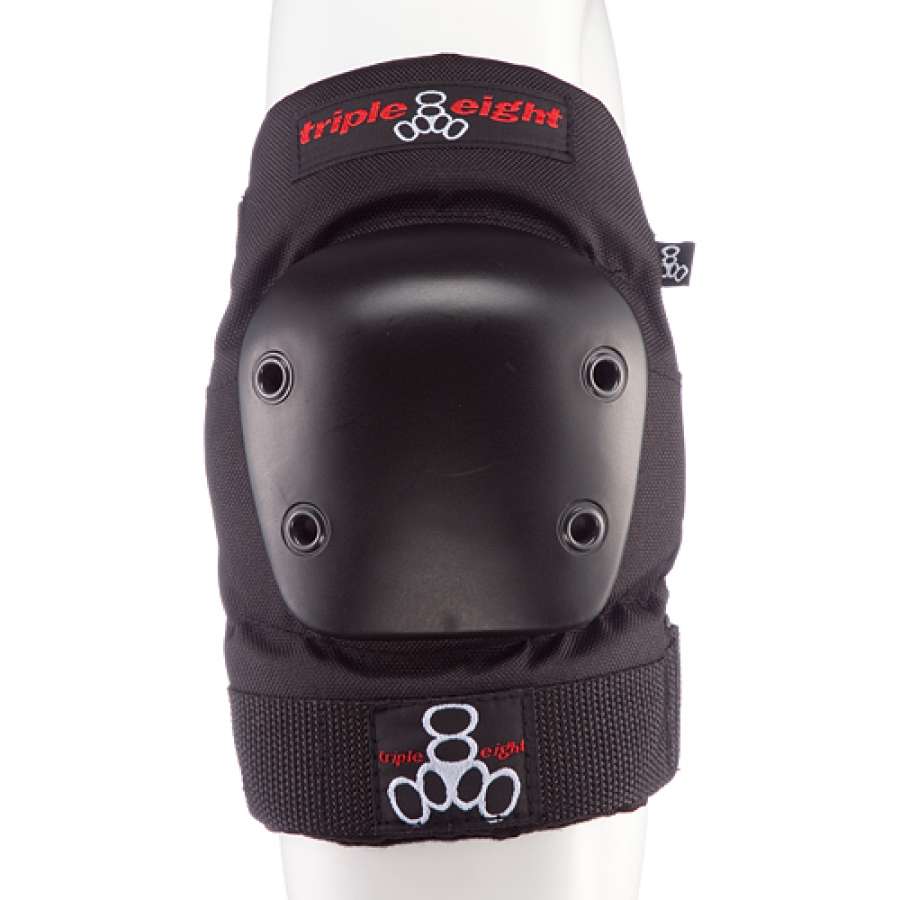 Black elbow protection pad with hard, impact-resistant cap and adjustable straps, featuring the "Triple 8" logo with white outlines.