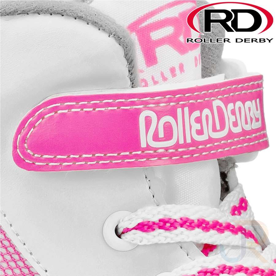 A close-up of the Roller Derby Firestar V2 Quad Roller Skates in white and pink displays the "Roller Derby" logo on a vibrant pink strap and laces. The RD Roller Derby logo is visible in the top right corner, highlighting its durable polyurethane wheels for a smooth ride.