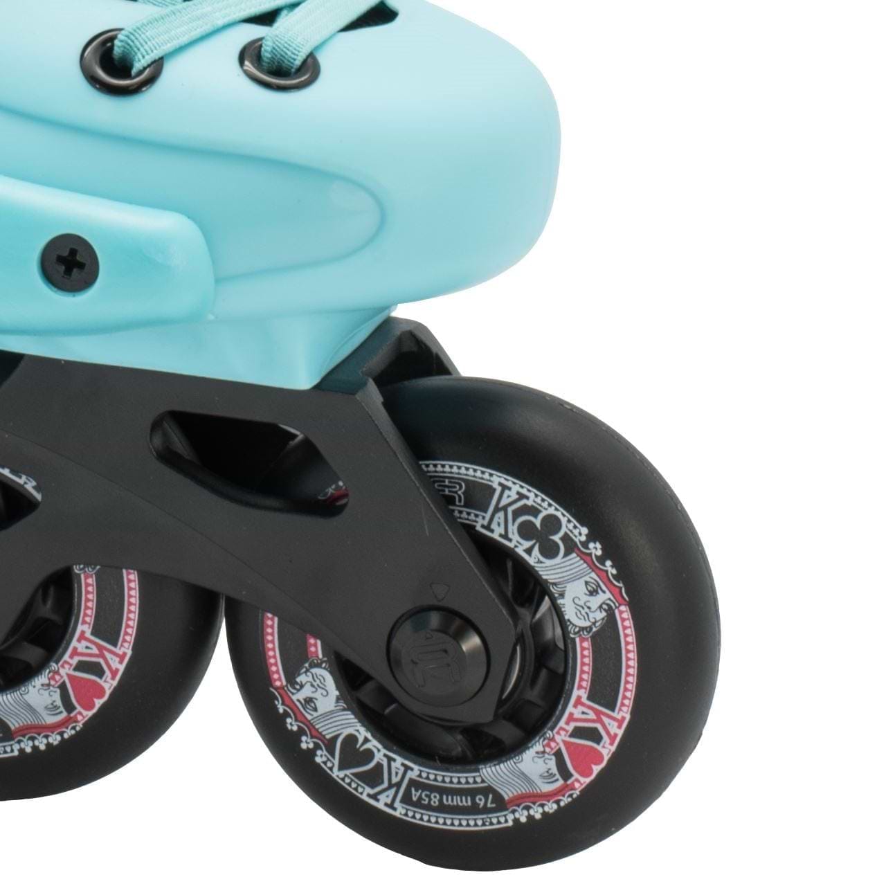 Close-up of the FR Skates Junior Adjustable Inline Skate in blue, showcasing black wheels with red and white card suit designs. This skate features blue laces and a black X2R Rocker-able frame linking the wheels, perfect for junior skaters looking for adjustable inline skates.