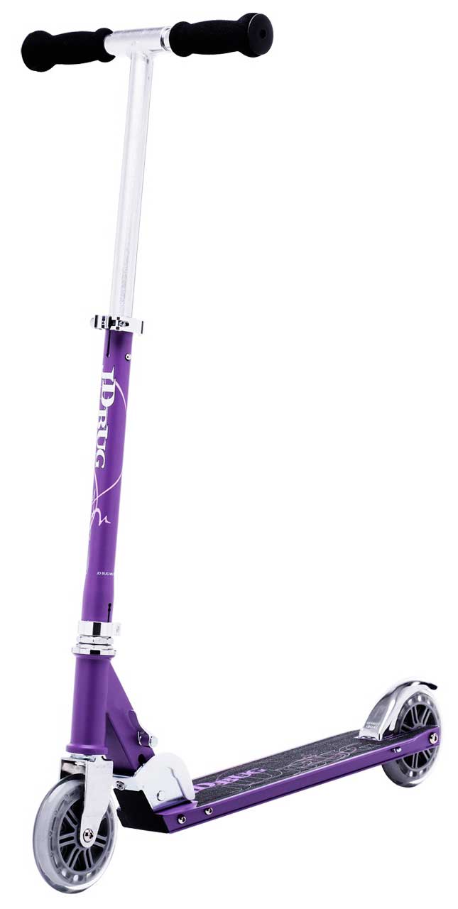 The JD Bug Classic Street 120 is a matt purple kids' foldable kick scooter. It has a silver adjustable handlebar with black grips, silver wheels, and a black footboard. White decorative text graces its stem for an elegant touch.