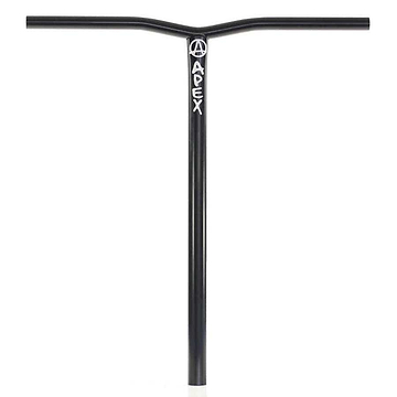 The Apex Bol XXL Steel Oversized SCS Stunt Scooter Bars in black feature a "Apex" logo and design at the top center. They're crafted from robust 4130 Chromoly Steel to ensure superior strength, measuring 673mm by 560mm.