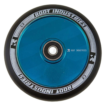 A Root Industries AIR Hollowcore 110mm stunt scooter wheel in black and blue, showcasing advanced hollowcore technology with the brand name Root Industries printed around its edge.