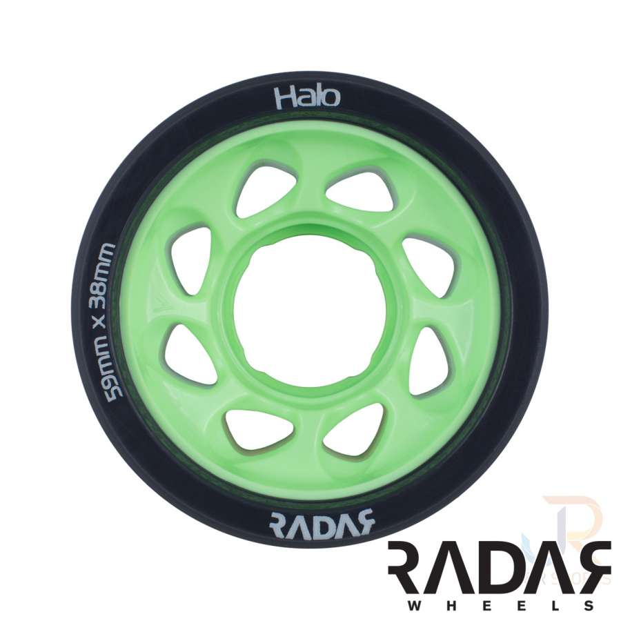 The Radar Halo 97A Roller Derby Wheels in charcoal/green feature a distinctive radial cut-out design, making them perfect for roller derby enthusiasts. These polyurethane wheels measure 59mm x 38mm and are adorned with the Radar brand logo in the corner.