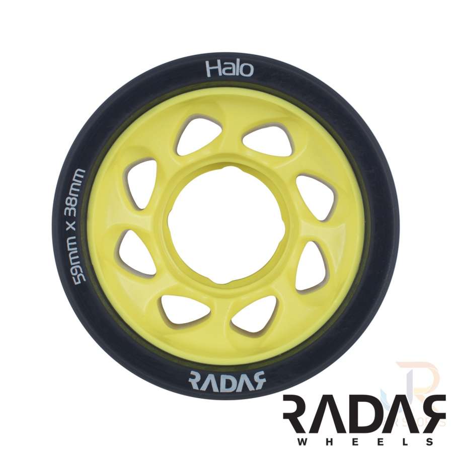 The Radar Halo 91A Roller Derby Wheel, in a stylish charcoal and yellow color scheme, is perfectly suited for derby use with its H-shaped hub. It measures 59mm x 38mm, and discreetly showcases the Radar logo in the bottom right corner.