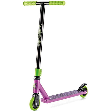The Xootz Complete Stunt Scooter - Toxic Purple is ideal for younger riders, featuring a black handlebar and a deck with graphic designs. Bright green wheels and grips provide flair for beginners eager to make their mark.