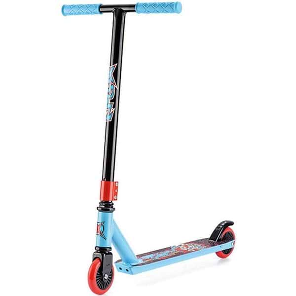 The Xootz Complete Stunt Scooter - Slasher Blue is a vibrant stunt scooter featuring a vivid design. It includes a black handlebar with blue grips and a light blue deck, making it ideal for younger riders who are learning tricks. The scooter is equipped with striking red wheels and stands upright against a white background.