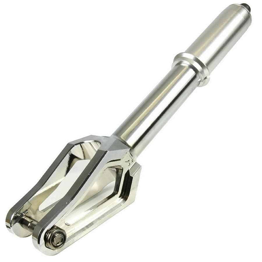 A polished chrome component, similar to the Root Industries AIR IHC Stunt Scooter Forks with a cylindrical shaft and forked end, is showcased against a white background. This lightweight scooter fork is ideal for 120mm wheels.