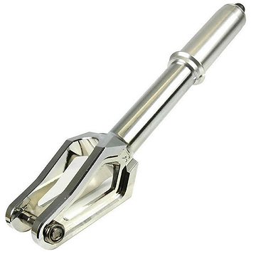 A polished chrome component, similar to the Root Industries AIR IHC Stunt Scooter Forks with a cylindrical shaft and forked end, is showcased against a white background. This lightweight scooter fork is ideal for 120mm wheels.
